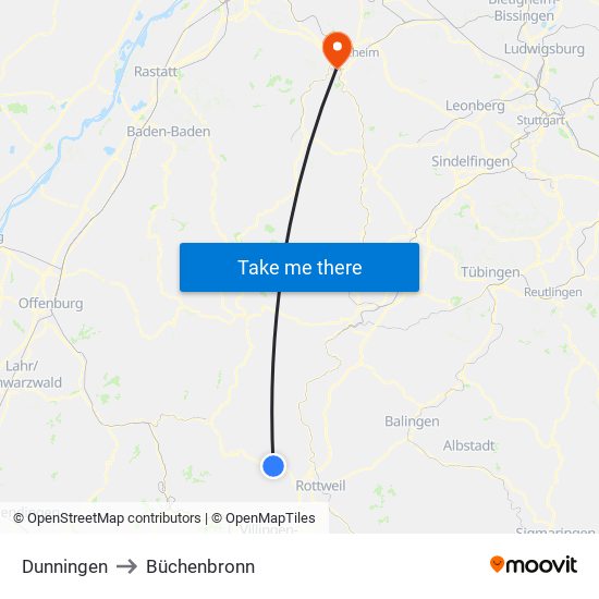 Dunningen to Büchenbronn map