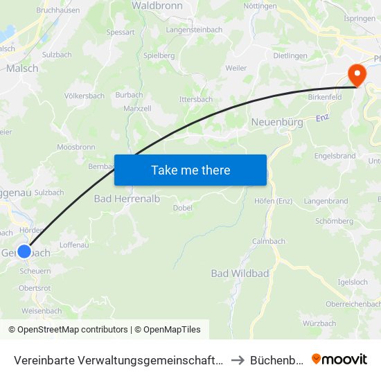 Vereinbarte Verwaltungsgemeinschaft Gernsbach to Büchenbronn map