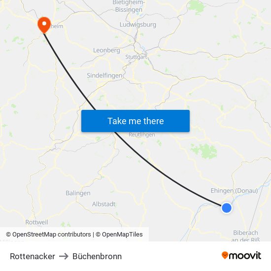 Rottenacker to Büchenbronn map