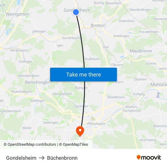 Gondelsheim to Büchenbronn map