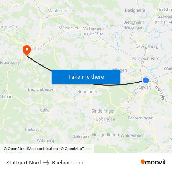 Stuttgart-Nord to Büchenbronn map