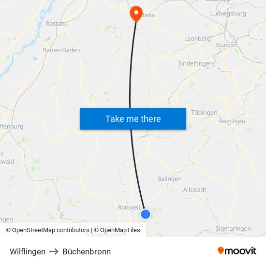 Wilflingen to Büchenbronn map