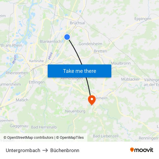 Untergrombach to Büchenbronn map