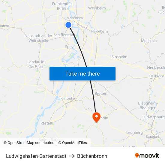 Ludwigshafen-Gartenstadt to Büchenbronn map