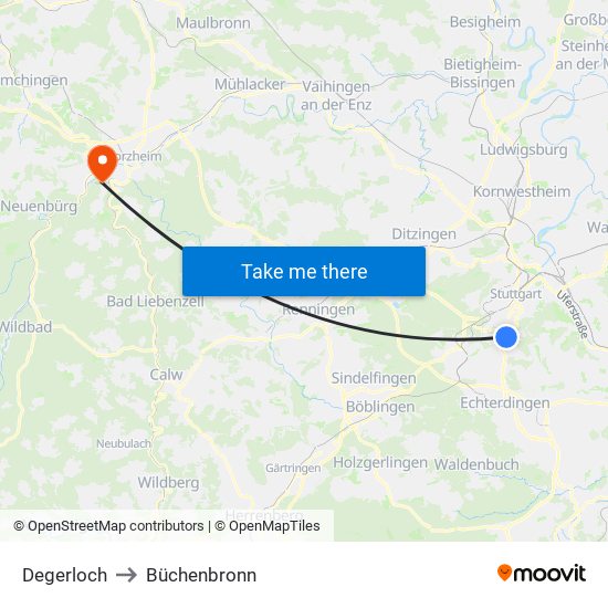 Degerloch to Büchenbronn map