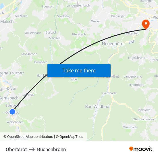 Obertsrot to Büchenbronn map