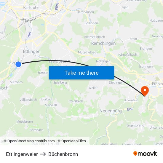 Ettlingenweier to Büchenbronn map