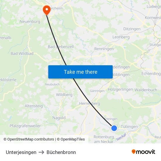 Unterjesingen to Büchenbronn map