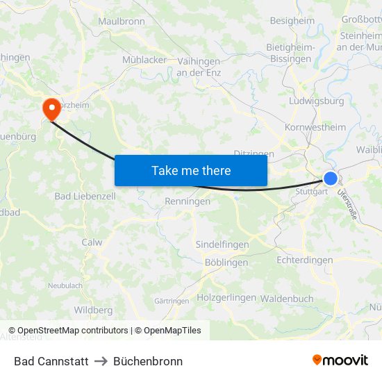 Bad Cannstatt to Büchenbronn map