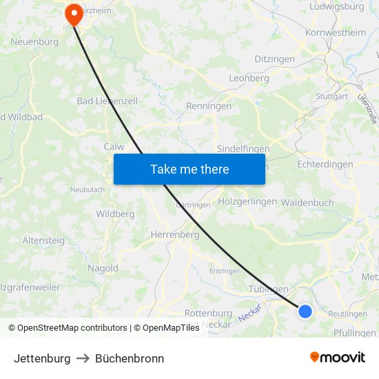 Jettenburg to Büchenbronn map