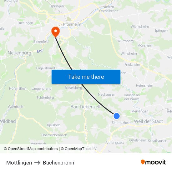 Möttlingen to Büchenbronn map