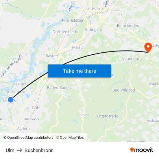 Ulm to Büchenbronn map
