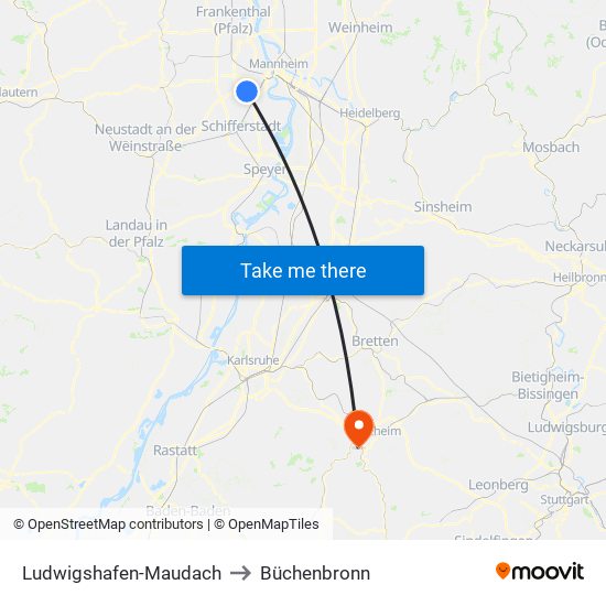 Ludwigshafen-Maudach to Büchenbronn map