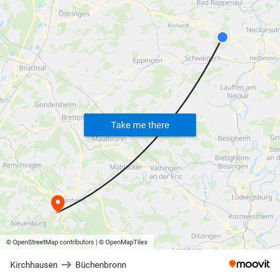 Kirchhausen to Büchenbronn map