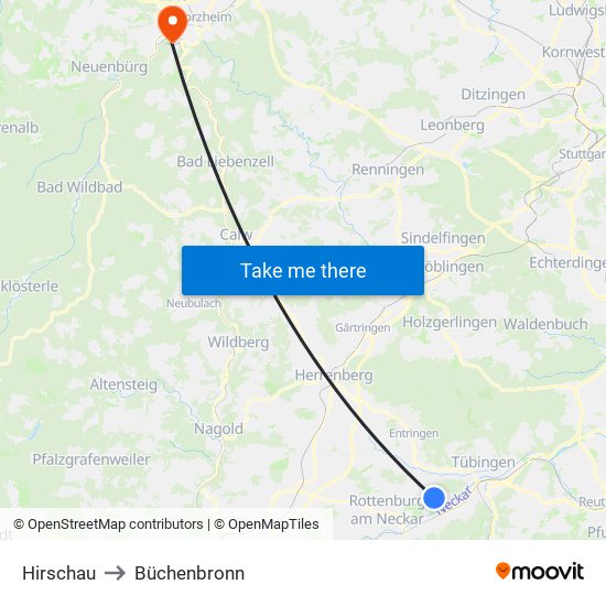 Hirschau to Büchenbronn map