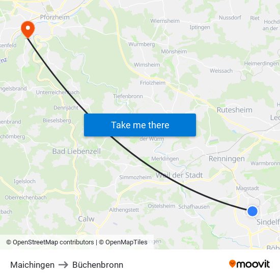 Maichingen to Büchenbronn map