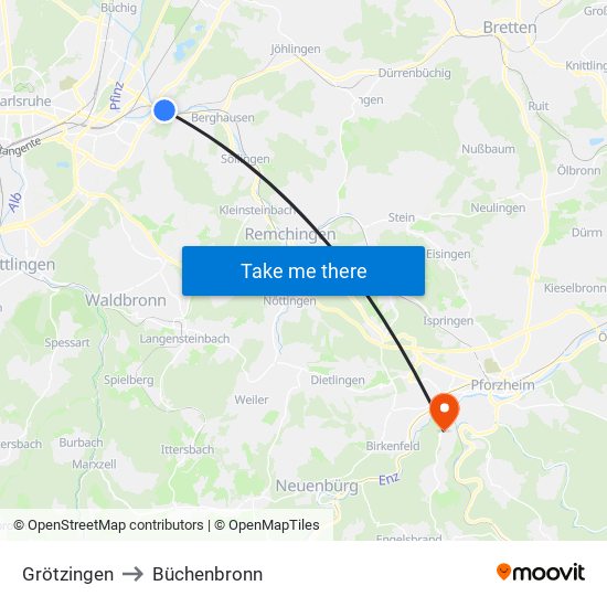 Grötzingen to Büchenbronn map