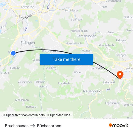 Bruchhausen to Büchenbronn map