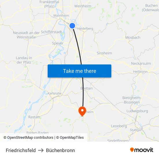 Friedrichsfeld to Büchenbronn map