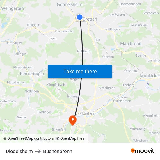 Diedelsheim to Büchenbronn map