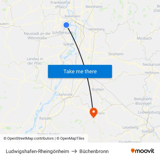 Ludwigshafen-Rheingönheim to Büchenbronn map