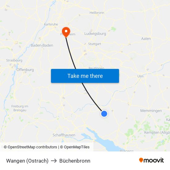 Wangen (Ostrach) to Büchenbronn map