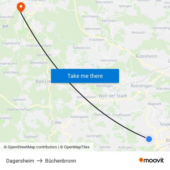 Dagersheim to Büchenbronn map