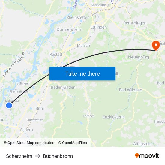Scherzheim to Büchenbronn map