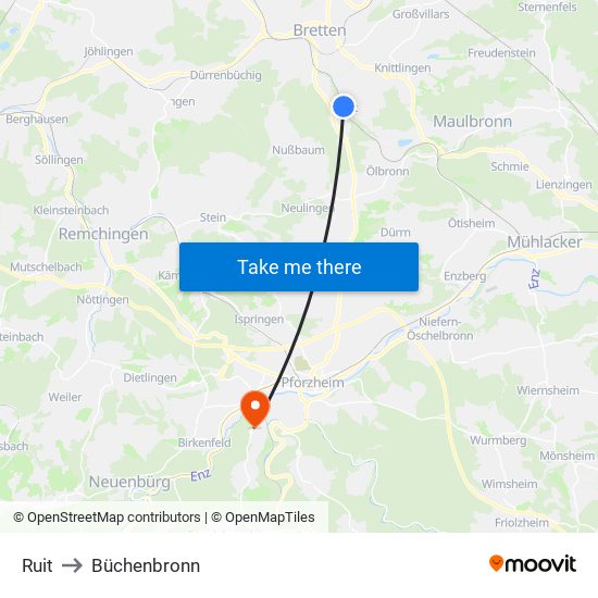 Ruit to Büchenbronn map