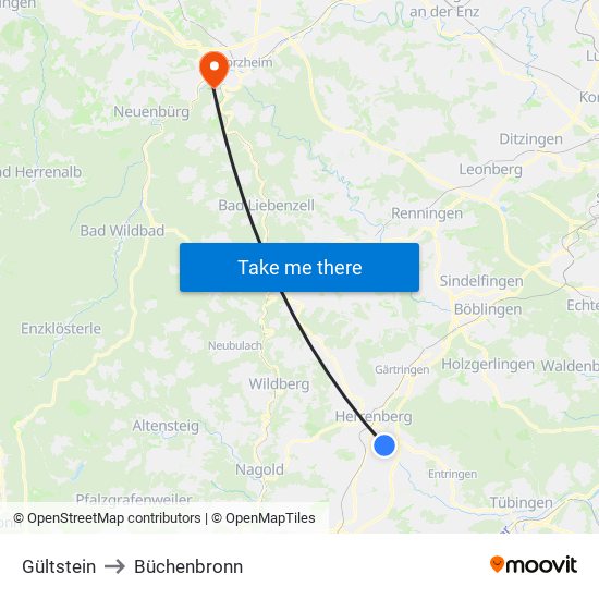 Gültstein to Büchenbronn map