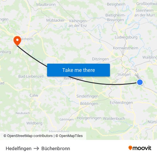 Hedelfingen to Büchenbronn map