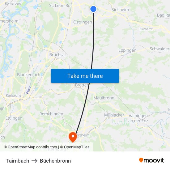 Tairnbach to Büchenbronn map