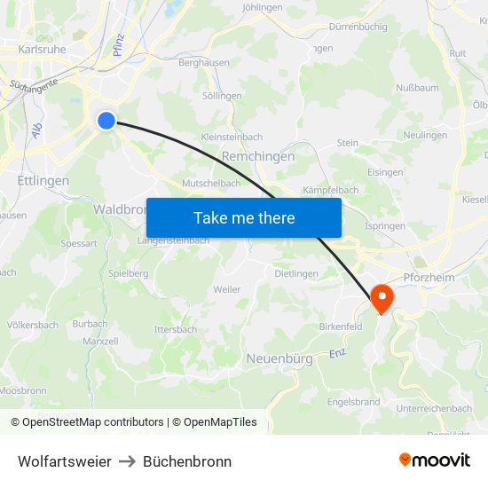 Wolfartsweier to Büchenbronn map