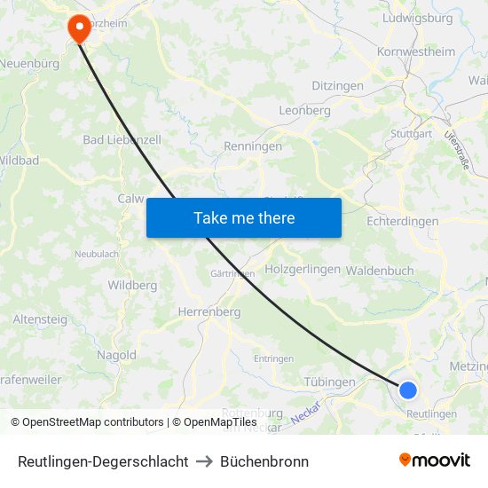Reutlingen-Degerschlacht to Büchenbronn map