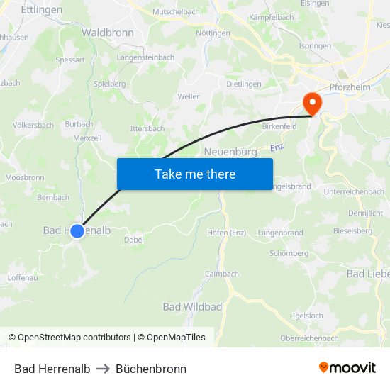 Bad Herrenalb to Büchenbronn map