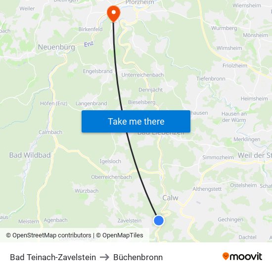 Bad Teinach-Zavelstein to Büchenbronn map