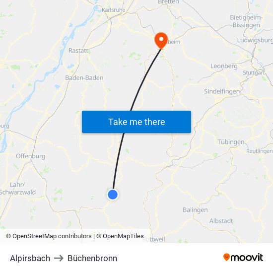 Alpirsbach to Büchenbronn map