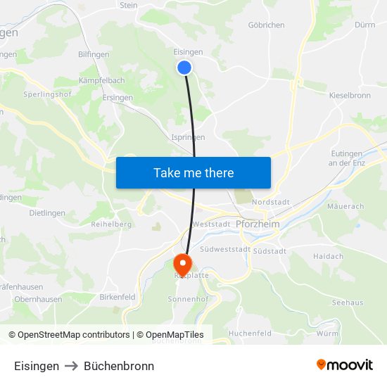 Eisingen to Büchenbronn map