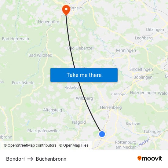 Bondorf to Büchenbronn map