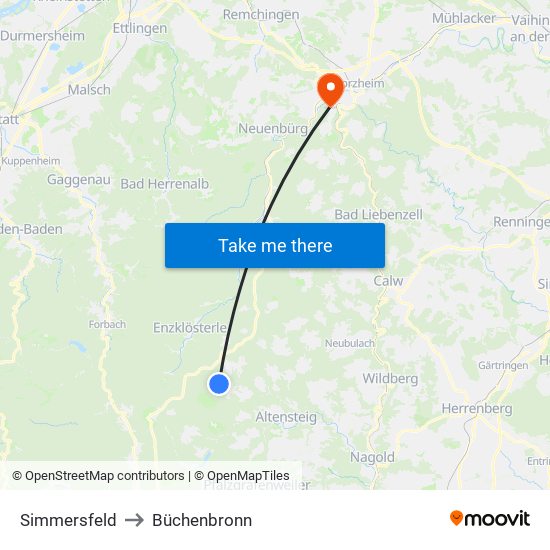 Simmersfeld to Büchenbronn map