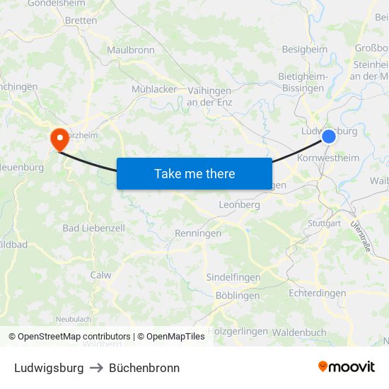 Ludwigsburg to Büchenbronn map
