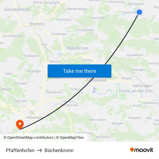 Pfaffenhofen to Büchenbronn map