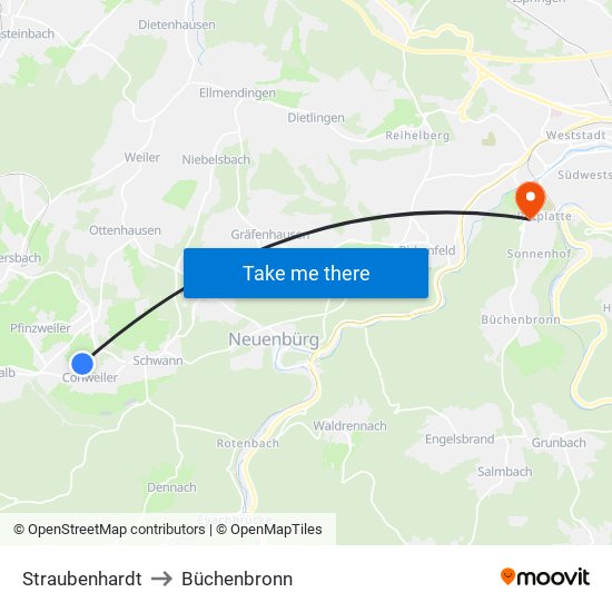 Straubenhardt to Büchenbronn map