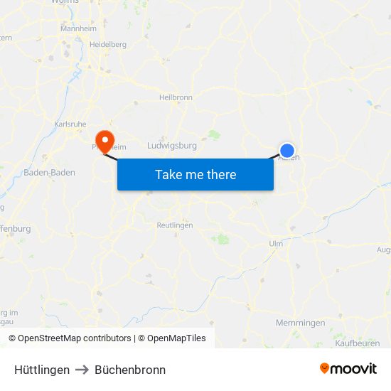 Hüttlingen to Büchenbronn map