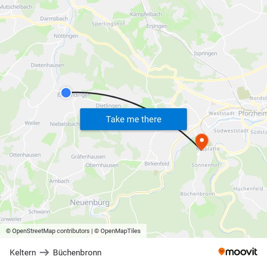 Keltern to Büchenbronn map