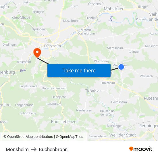 Mönsheim to Büchenbronn map
