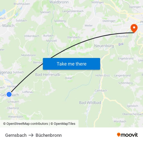 Gernsbach to Büchenbronn map