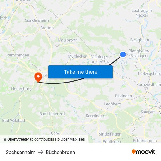 Sachsenheim to Büchenbronn map