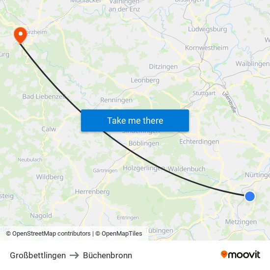 Großbettlingen to Büchenbronn map
