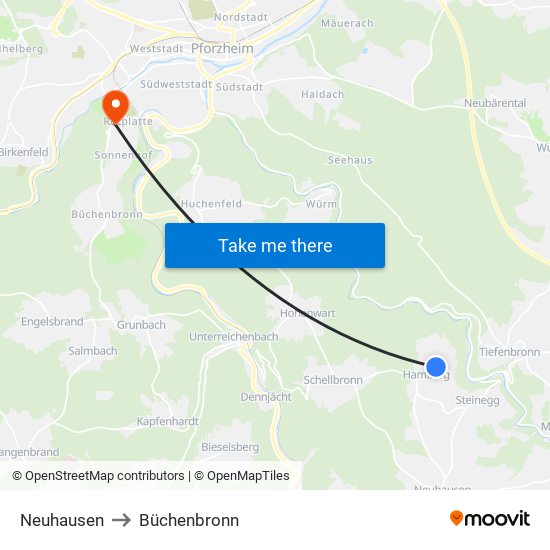 Neuhausen to Büchenbronn map